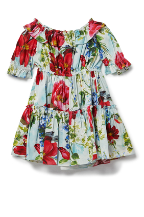 فستان بوبلين متوسط الطول بطبعة حديقة زهور